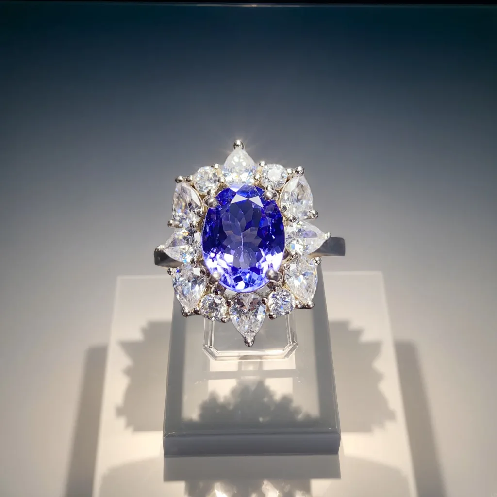Natural Tanzanite Halo Ring 6*8mm Oval Stone S925 Silver Pear Cut White Cubic Zircon Women Royal Blue Gem Ring