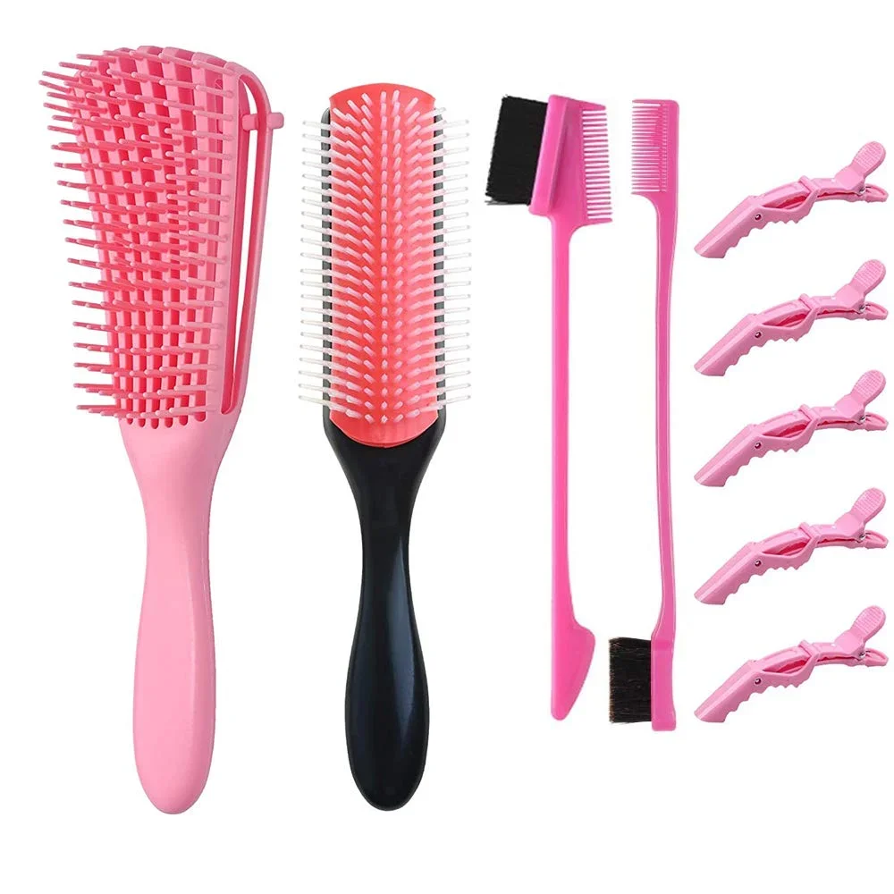 4 Pieces Detangling Brush Set, 9-Row Cushion Nylon Bristle Styling Brushes+Detangler Brush + 5 Hair Clips for Shaping