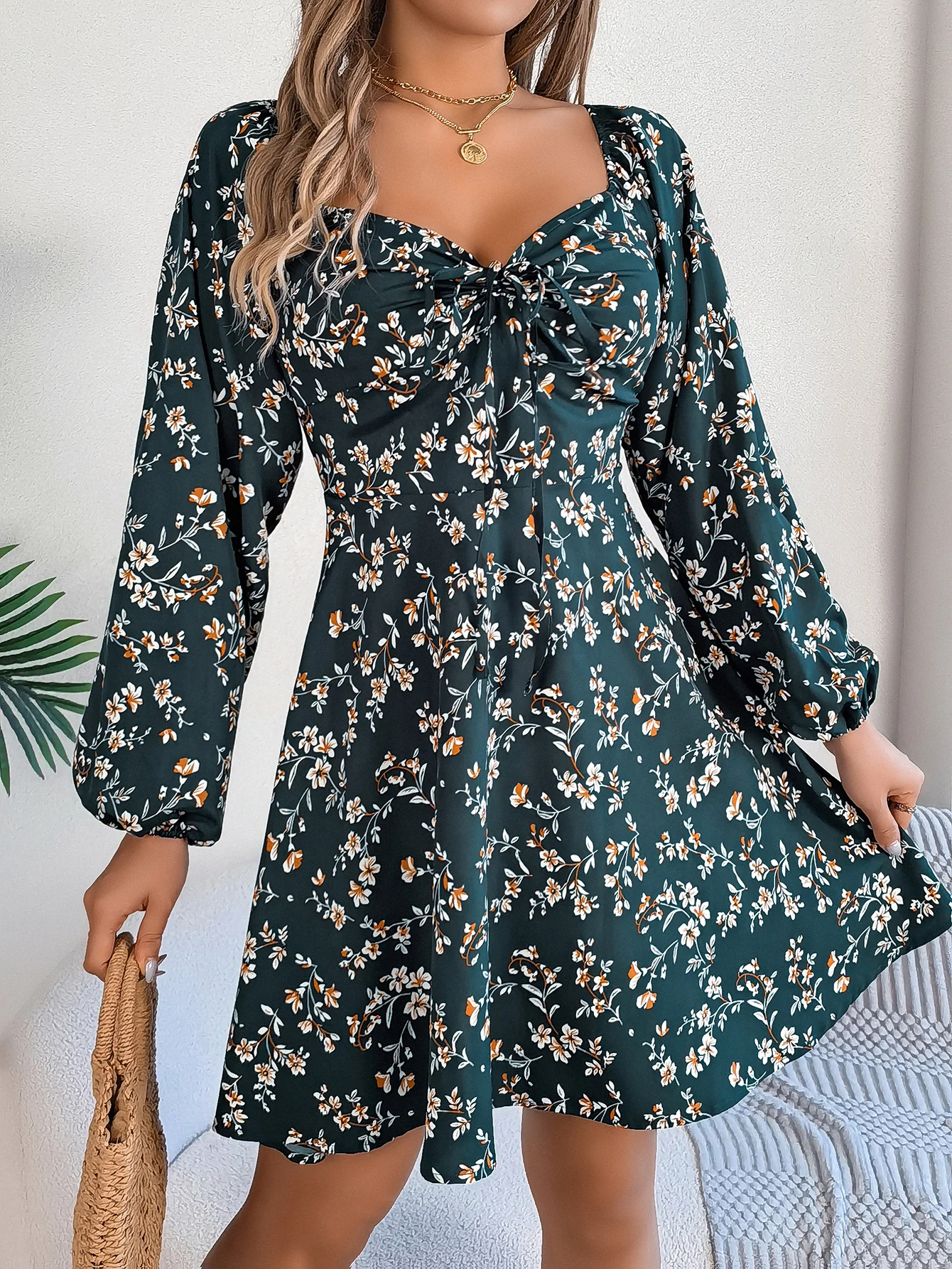 Spring Summer Flower Print Dress Vacation Drawstring Square Neck Dresses for Women