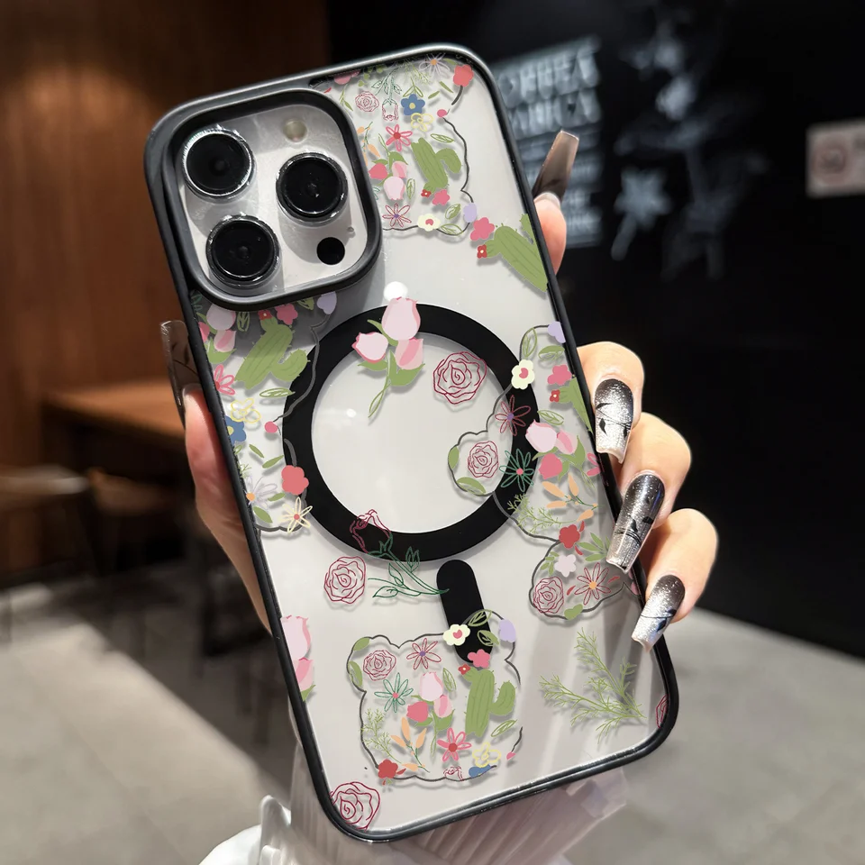 Funda magnética transparente para teléfono con estampado floral creativo en color macarrón, compatible con iPhone 11-17 Pro/Pro Max/Plus/Air y Samsung S23/S24/S25 Plus/Ultra, carga inalámbrica magnética fuerte, universal para todos los accesorios magnéticos. 2