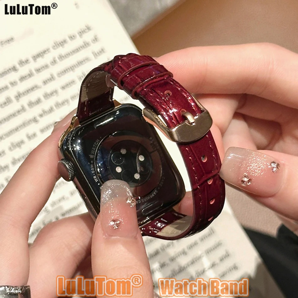 Bamboo Patent Leather Strap for Apple Iwatch Series 11 10 9 8 7 SE 6 5 Ultra Watch Band 38 40 41 42 44 45 46 49mm Slim Bracelet