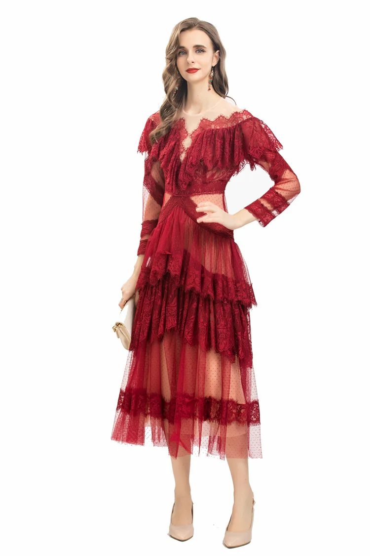 Vestido De Noite De Renda Para As Mulheres 2023 Roupas De Verão Bordado Midi Camada De Manga Longa Ruffle Bolo Vestidos Lady Bridesmaids Outfit