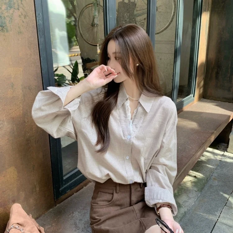 

Korean Chic Retro Style Simple Collar Lace Patchwork Striped Loose Long Sleeve Women's Shirt Versatile Long Top