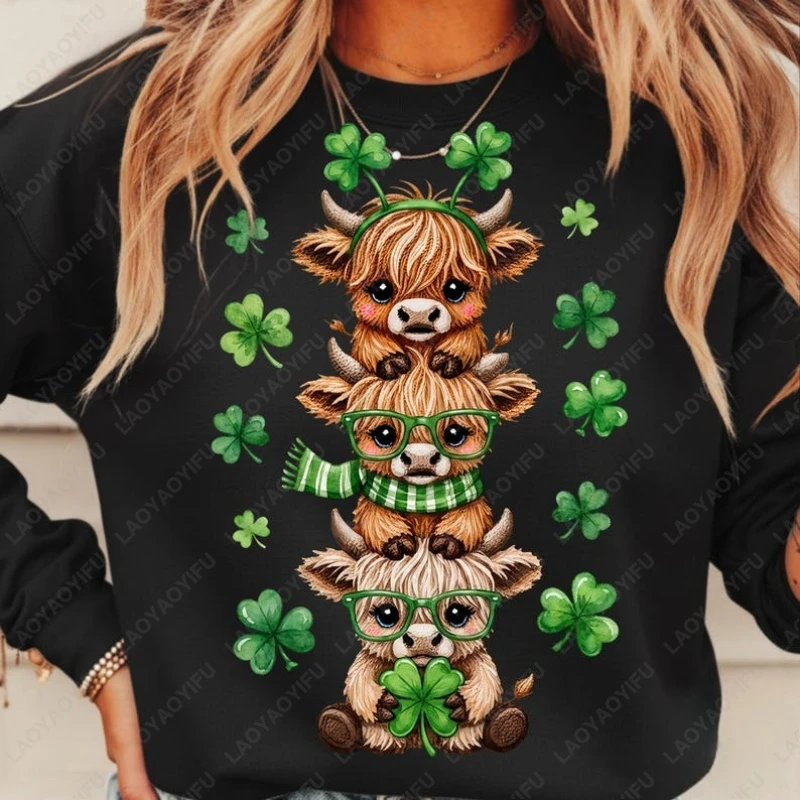 

Хайленд Корова День Святого Патрика Повседневный пуловер унисекс Lucky Clover Милый свитшот с принтом теленка Ирландский Ropa Mujer Женская одежда