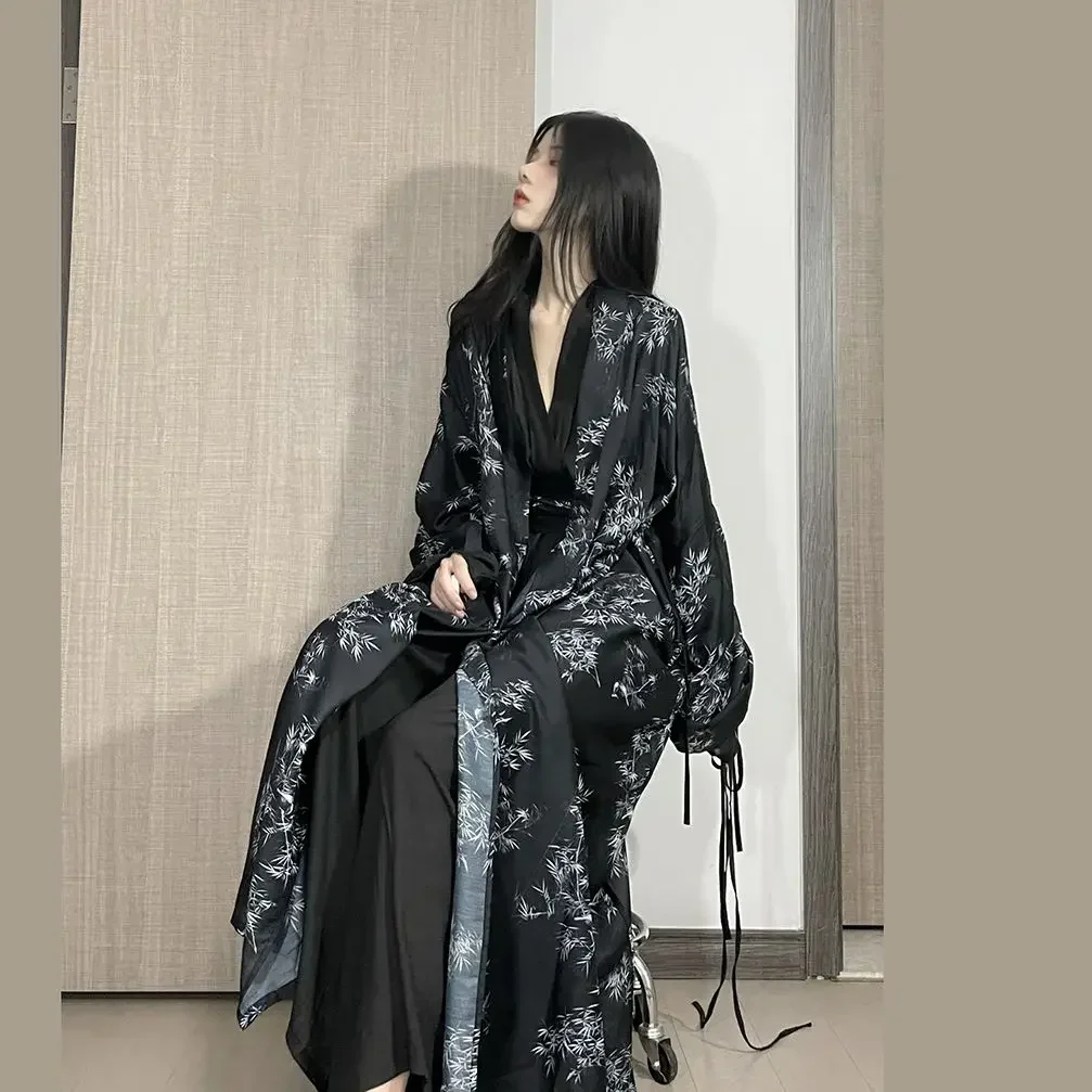 Nieuwe Chinese Stijl Hanfu Pak Zwart Gothic Diablo Bamboe Blad Bedrukt Rok Jas Spikkel Inkt Duisternis Wei Jin Cosplay Kostuum