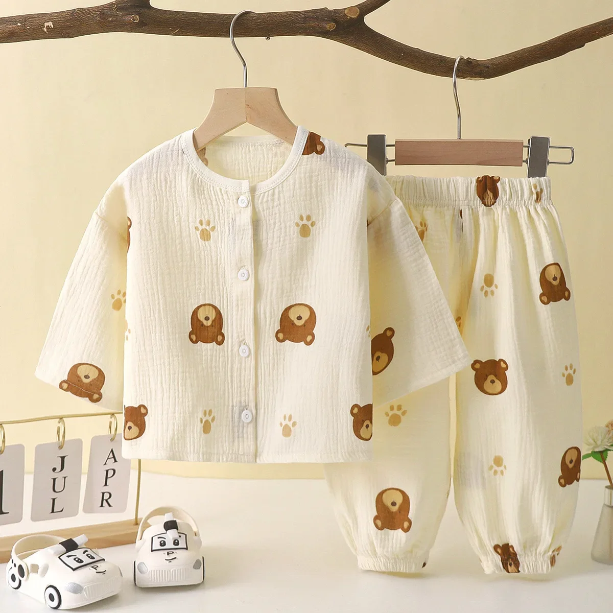 Kids Summer Thin Pajamas Sets New 2024 Boys Girls Cartoon Three-quarter Sleeve Cotton Yarn Shirt Tops with Pants Baby Sleepwear