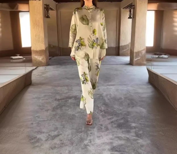 Fashionable Plant Print Pattern Cotton Linen Long Sleeved Loose Top Straight Casual Wide Leg Pants Comfortable Long Pants Set