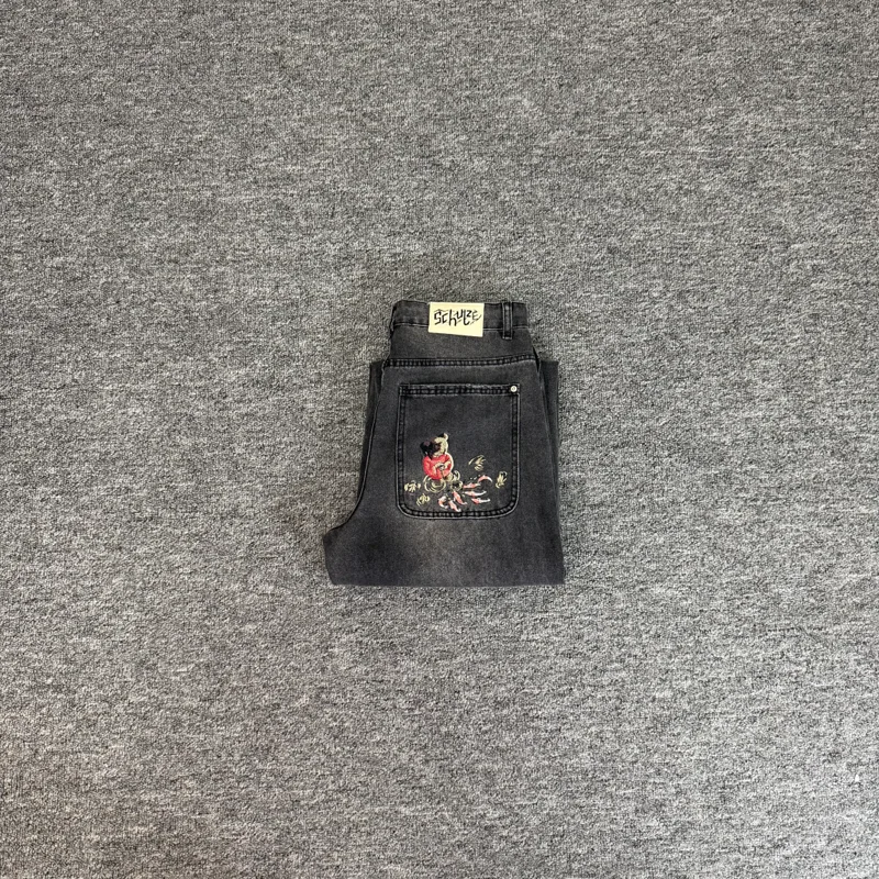 Vintage Trend Derschutze Jeans Embroidery Pattern High Quality Elastic Force High Waist Denim Pants