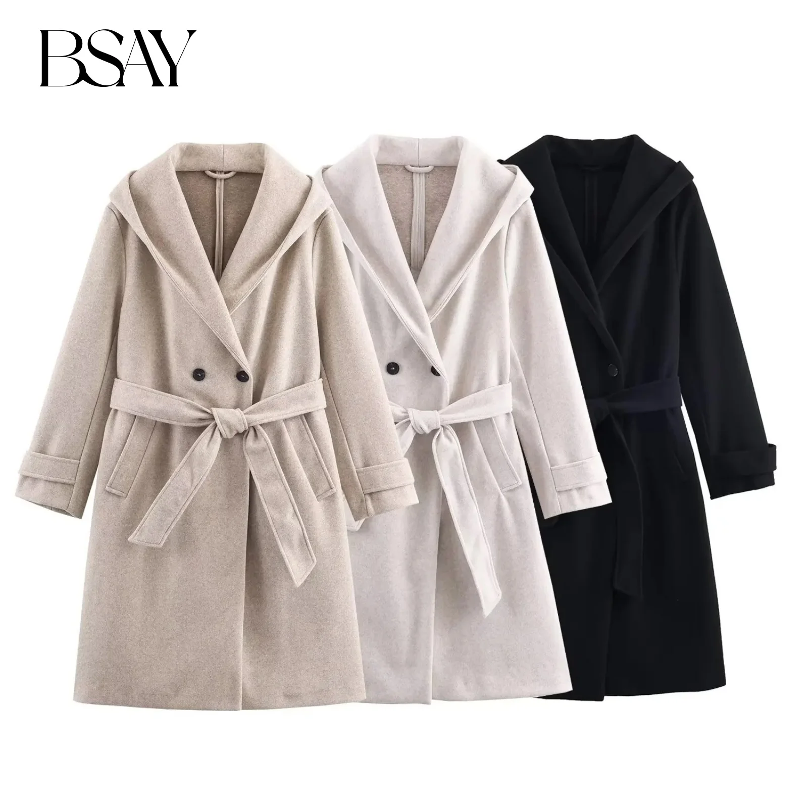 

BSAY Coat for Women Fashion Winter New Solid Belt Soft Long Sleeved Double Breasted Hooded Long Coats Chic Ladies Tops Mujer