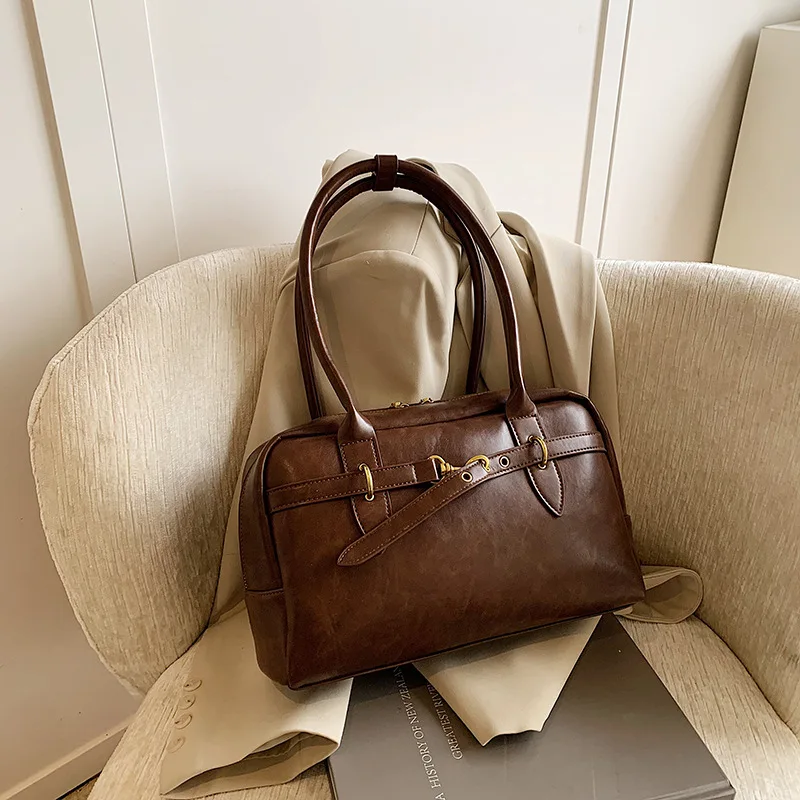 

Spring Square Shoulder Bags for Women Retro Small Boston Bag Pure Color PU Leather Large Capacity Totes Latest Trend Handbag