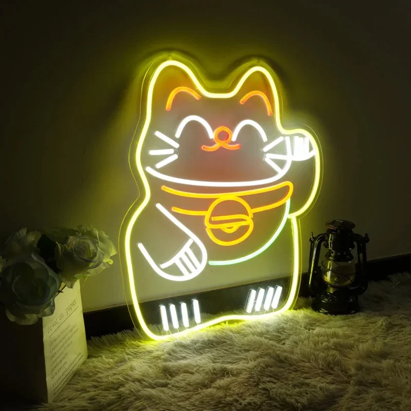 Lucky Cat LED Neon Sign Anime Neon Light Wall Decor for Shop Front Desk Home Wall Decor Neon Bar Sign Fortune Cat Welcome Light