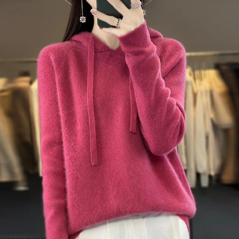 2024 new 100% Merino wool hoodie Autumn/winter cashmere sweater Women\'s O-neck hoodie warm bottom knit shirt top