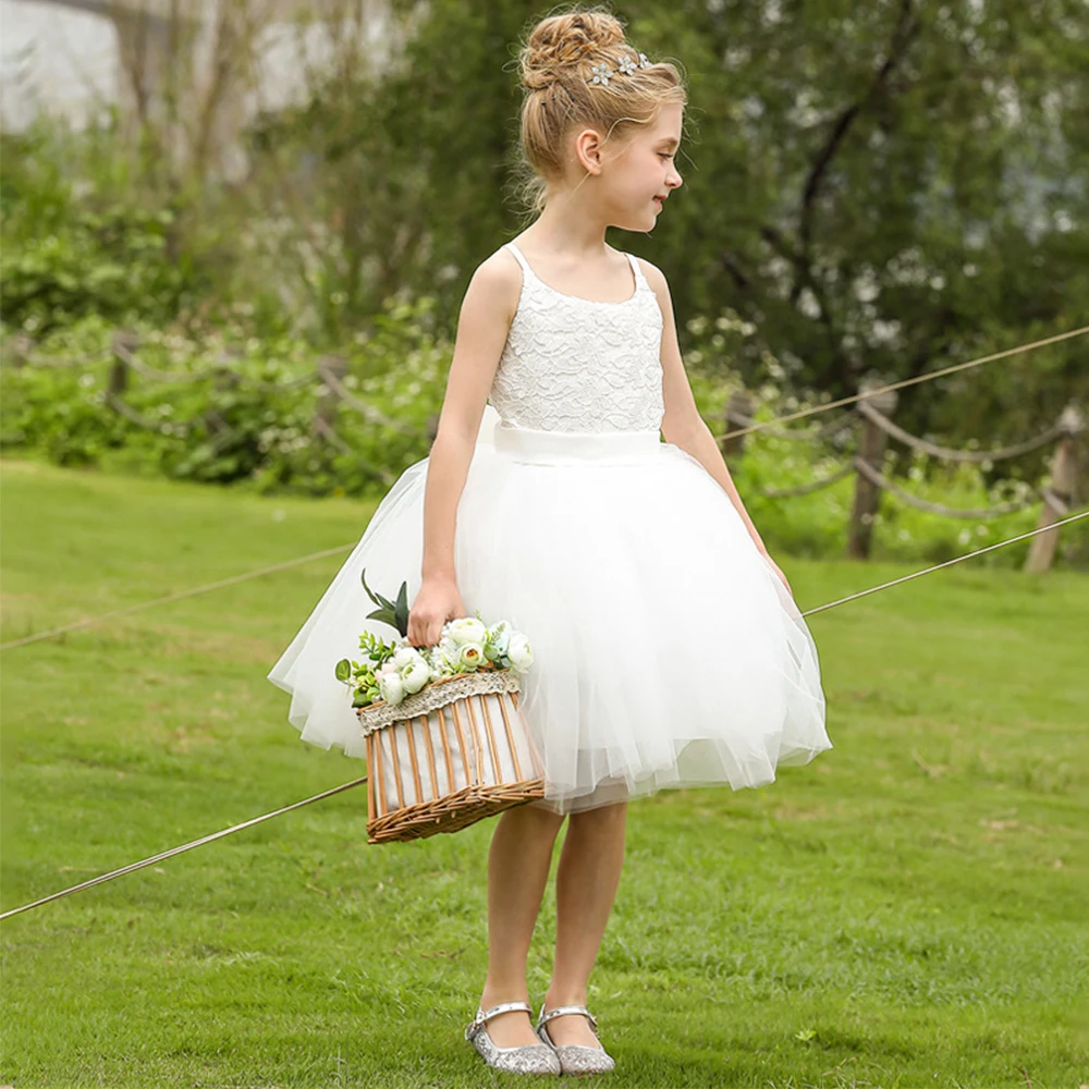 Vestidos de tul de encaje con lazo para niña, apliques de flores de marfil, longitud hasta la rodilla, vestidos de baile de fiesta de cumpleaños de desfile de princesa para niños