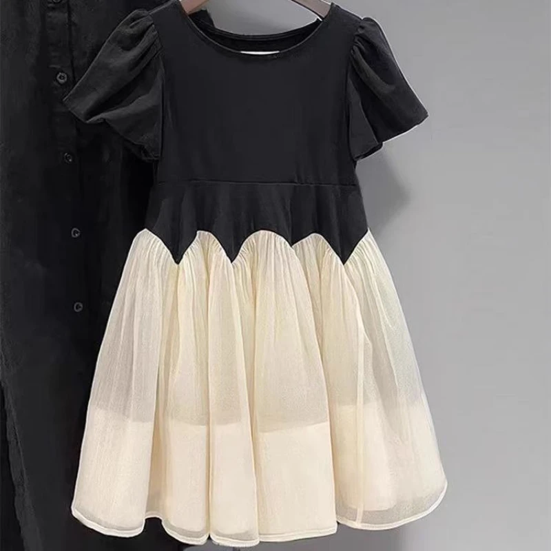 Kids Girls Mesh Dress 2025 New Arrival Chidren Princess French Style Lace Stitching Dresses Summer Short Sleeve Black Dress