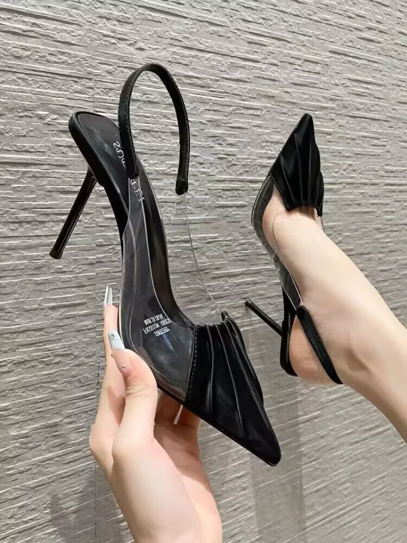 Footwear Pointed Toe Ladies Shoes Transparent Clear Summer 2024 Black Sandals for Women Closed Super-high Heel The Best Designer