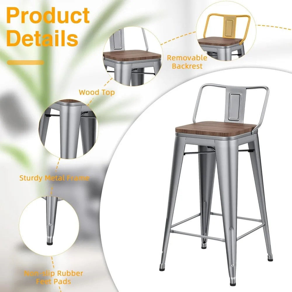طقم مقاعد بار معدنية مقاس 30 بوصة مكون من 4 قطع مع مقاعد خشبية وكراسي بار المطبخ ذات الظهر المنخفض ولمسة نهائية فضية