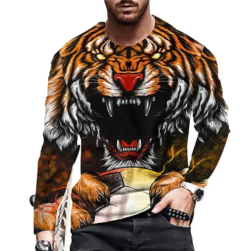 

Animal Tiger Print 3d Spring And Autumn Men's Long Sleeve T-Shirt Fashion Personality Tough Man Style O Collar Casual Loose Top