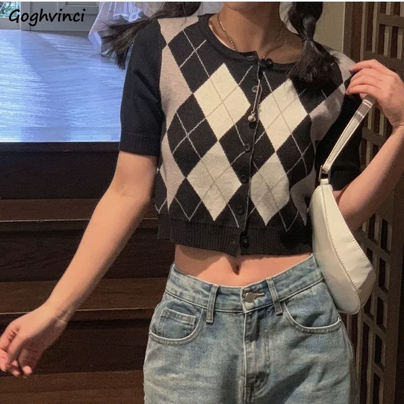 

Plaid Cardigans Women Preppy Style Students Slim Knit Cardigan Sweet Girl Vintage Short Sleeve Sweaters Summer Chic Outwear Ins