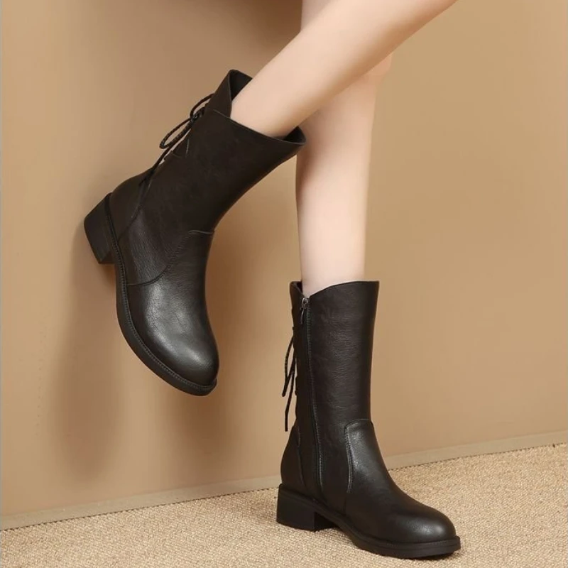 Непромокаемые женские ботинки на толстом каблуке в стиле ретро, увеличивающие рост, осенне-зимние простые теплые ботинки с круглым носком и спинкой на шнуровке на среднем каблуке