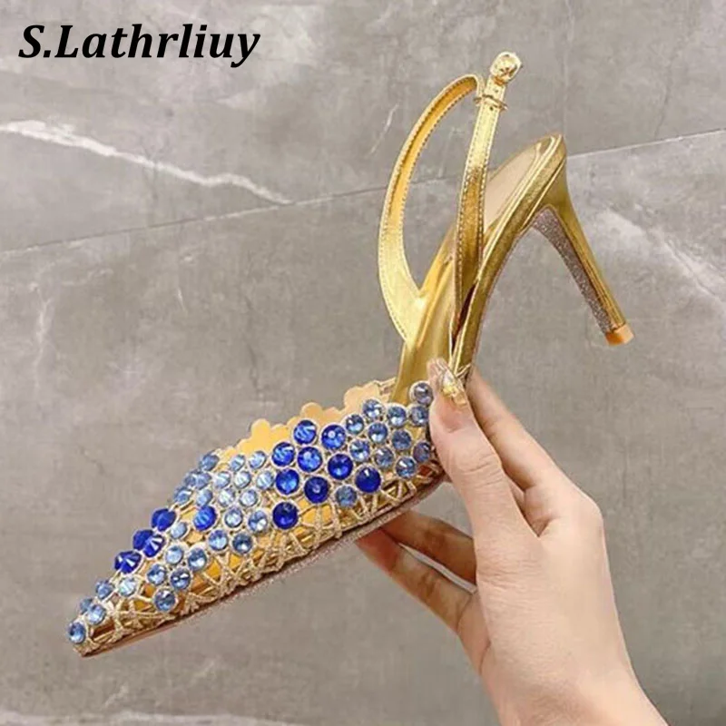 

Pointed Toe Hallow Outs High Heels Luxury Crystal Women's Pumps Back Strap Thin Heels Sandals Summer Fashion Party Banquet Shoes