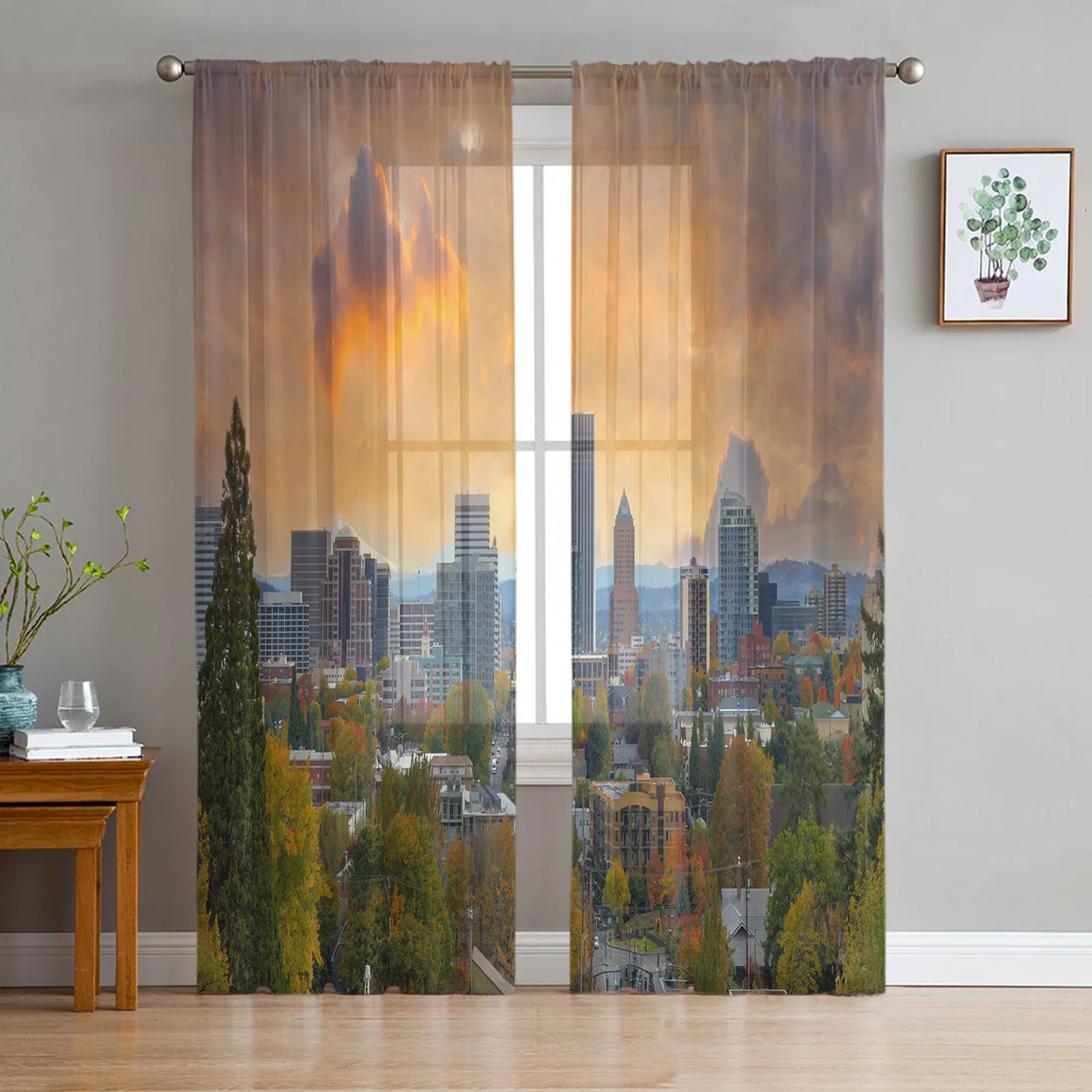 

City Sky Cloud Tree Mountain Modern Printed Tulle Curtains for Bedroom Balcony Window Decor Creative Fashion Home Sheer Curtain