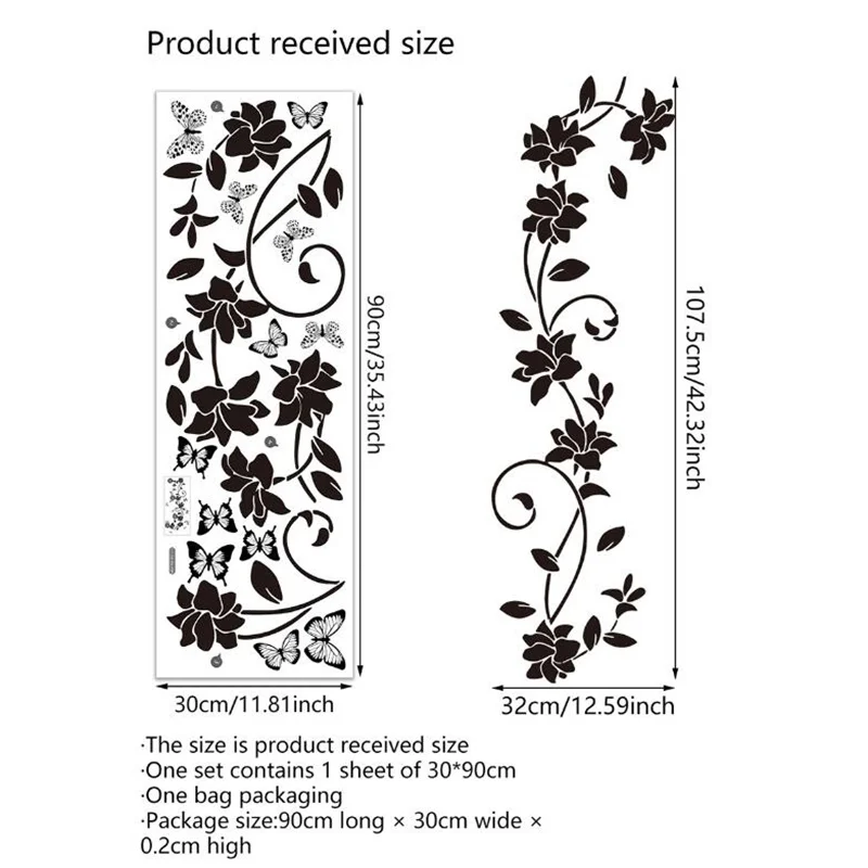 Black Flower Butterfly Wall Sticker Self-Adhesive Bathroom Glass Door Sticker Bathtub Bedroom Background 90x30 Cm Decorative