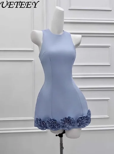 

Elegant Three-dimensional Flower Sleeveless Vest Dress Women 2025 Summer New High-end Luxury High Waist Slimming Mini Dress Robe