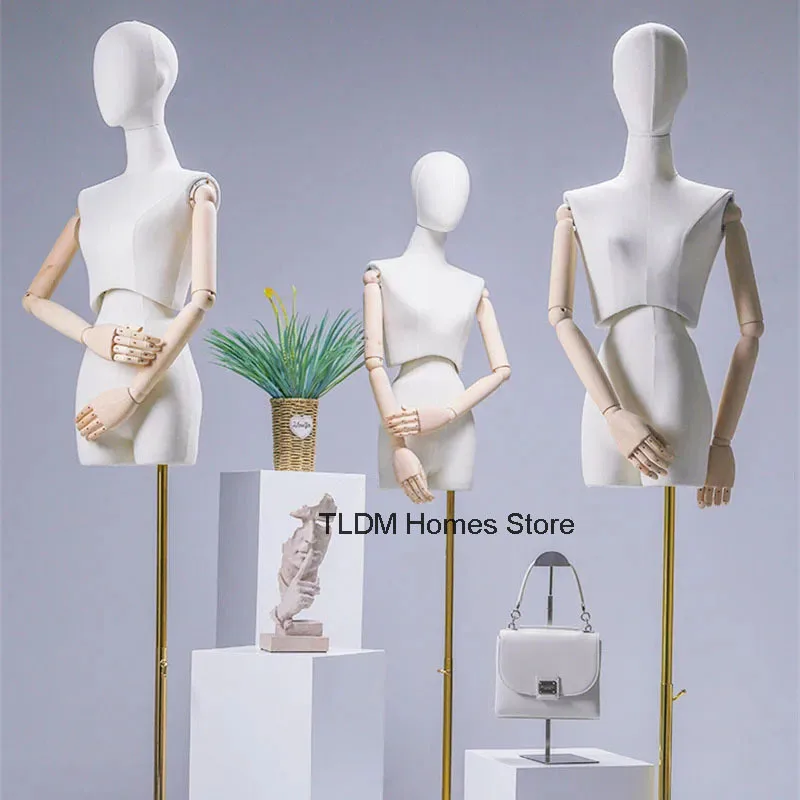 

Wooden Arm Fabric Mannequin Display Stand for Wedding Cloting Dress Bust Mannequin Woman Adjustable Rack Metal Base Mannequin