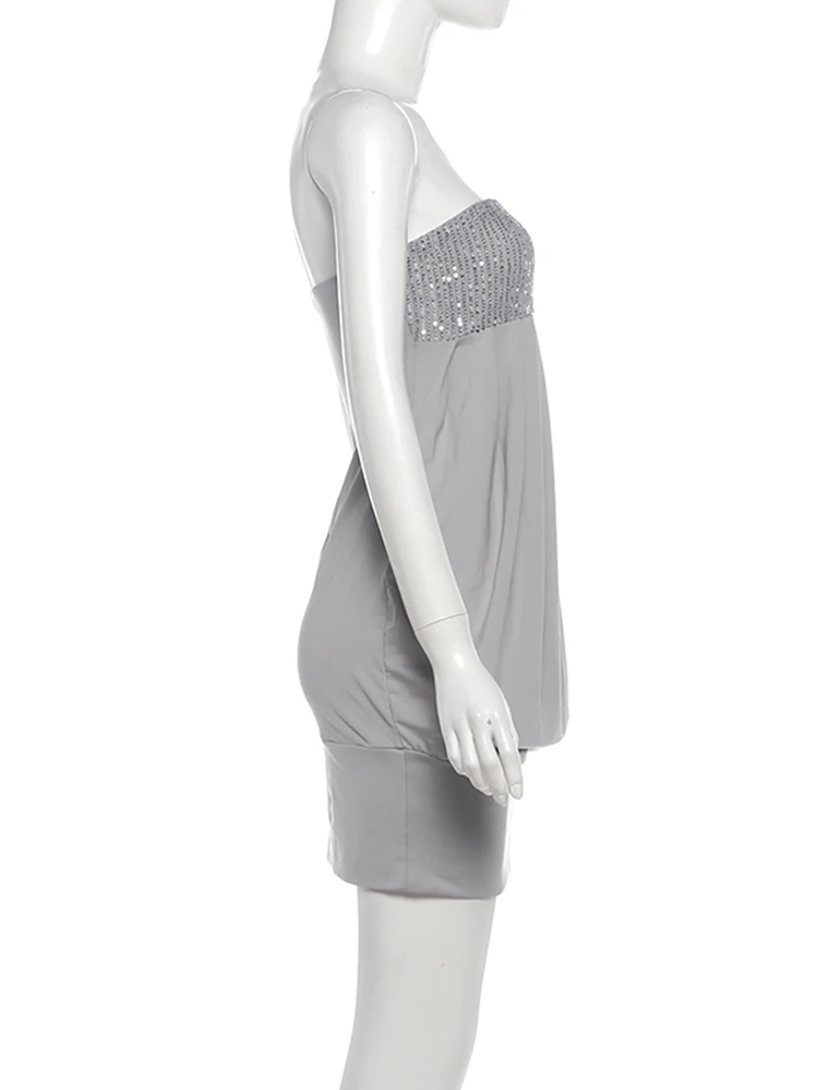 Weird Puss Sexy trägerloses Minikleid für Damen, mit Pailletten, Patchwork, Wickeldetail, rückenfrei, figurbetont, pfirsichfarben, Street-Style, gerafft, elegant, Bodycon – Detail 12