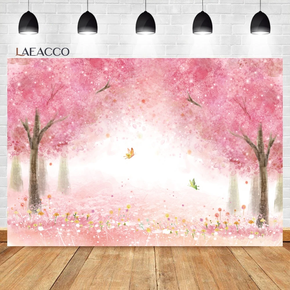 Laeacco Cherry Blossoms Wonderland Backdrop Spring Garden Pink Flower  Wedding Birthday Baby Kid Portrait Photography Background