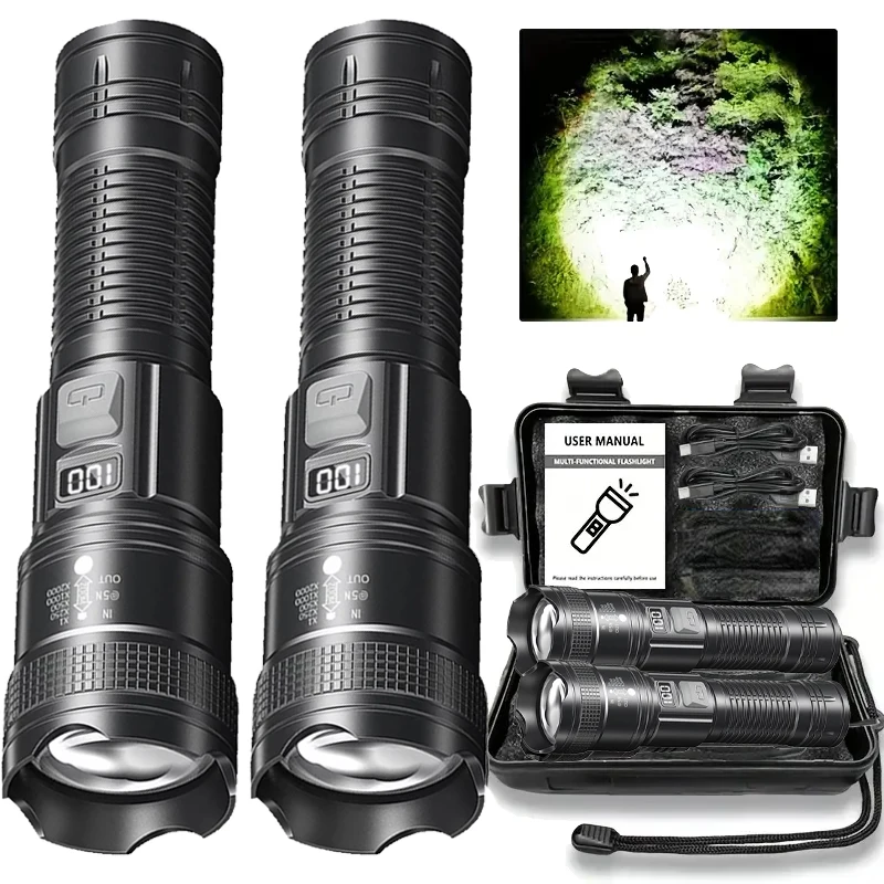 Ultra Bright LED Flashlight Type-C Rechargeable 3 Modes Long Range Zoom Tactical Torch Outdoor Emergency Camping Fishing Lantern