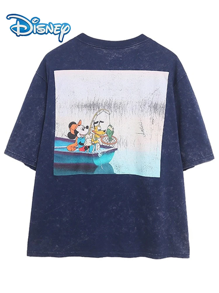 

Disney Front Back Pluto Mickey Mouse Cartoon Print T-Shirt Washed Distressed Women Short Sleeve O-Neck Pullover Loose Tee Tops