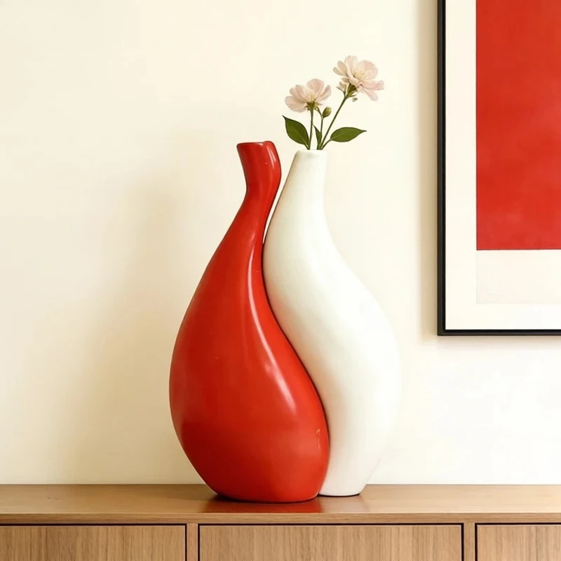 Red and White Color Blocked Vase Desk Decoration Artificial Flower Decorative Flowers Arrangement Vases Room Aesthetic Decor