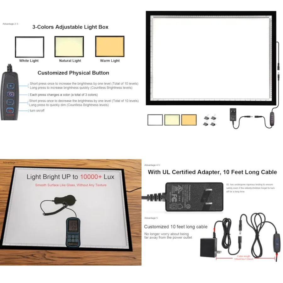 

10000 Lux High Bright Light Pad A2, 3 Colors Light Board. 10 Levels/Stepless Dimming for Diamond Painting, Tracing, Drawing, Sk