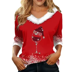 Sweetheart Blouses For Women Christmas Printed Long Sleeve V Neck Pullover Hair Collar Women'S T Shirt Plus Size Chiffon Tops