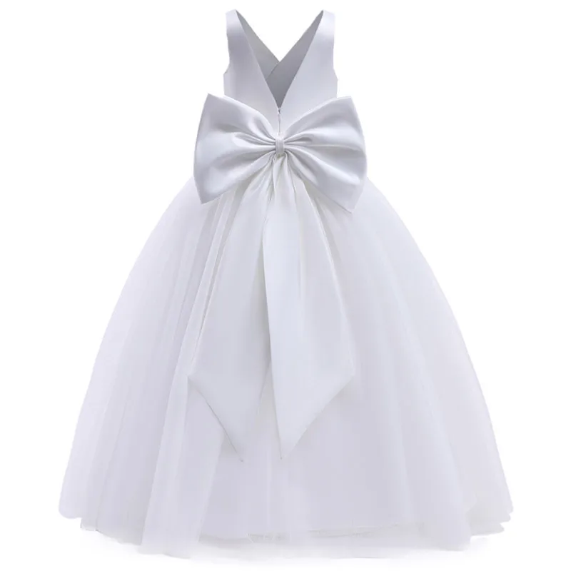 Vestidos de dama de honor blancos largos para niña, vestido de fiesta para niña, vestido de graduación de boda con lazo grande, Vestidos de noche formales de primera comunicación