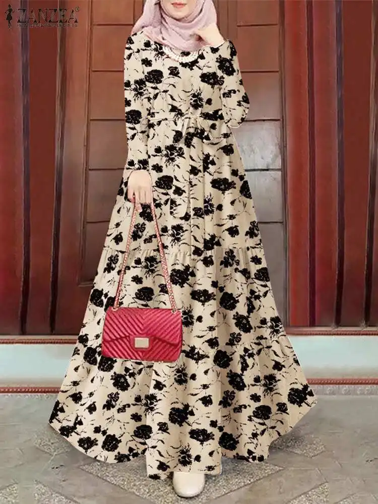 Vintage Muslim Long Dress ZANZEA Eid Mubarek Abaya Robe Women Long Sleeve Floral Printed Sundress Hijab Vestidos Isamic Clothing