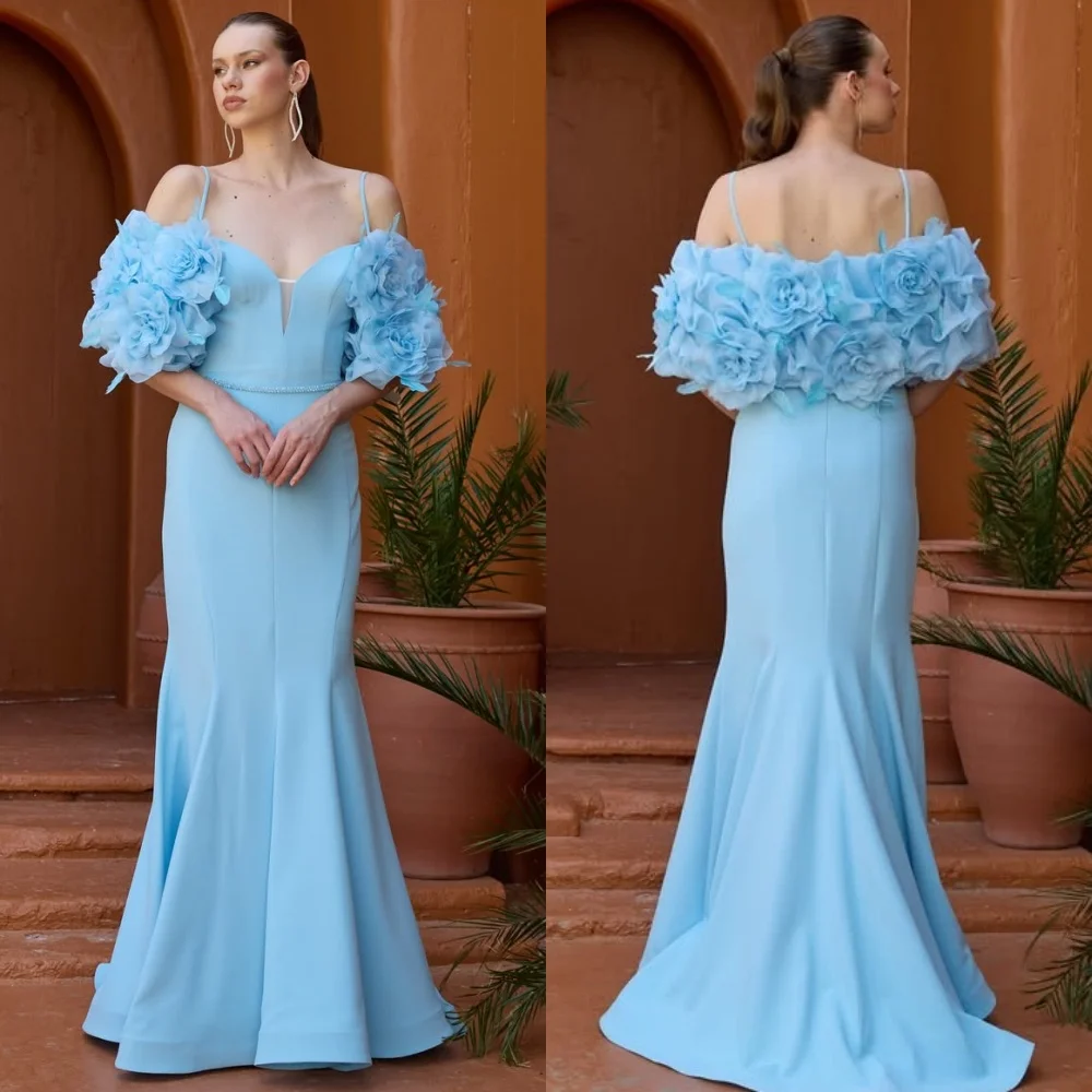 

Customized Classic Fashion Jersey Handmade Flower Pleat Mermaid Spaghetti strap Long Dresses Bespoke Occasion Dresses Matching