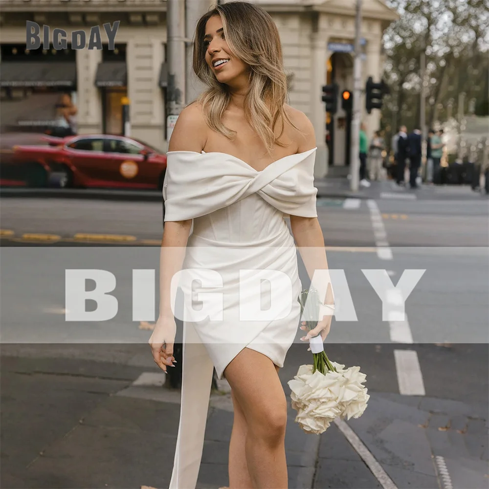 Beach Short Wedding Dresses Bows Pleat Off The Shoulder Open Back Satin Elegant Woman Bridal Gown Vestidos De Noiva Customized