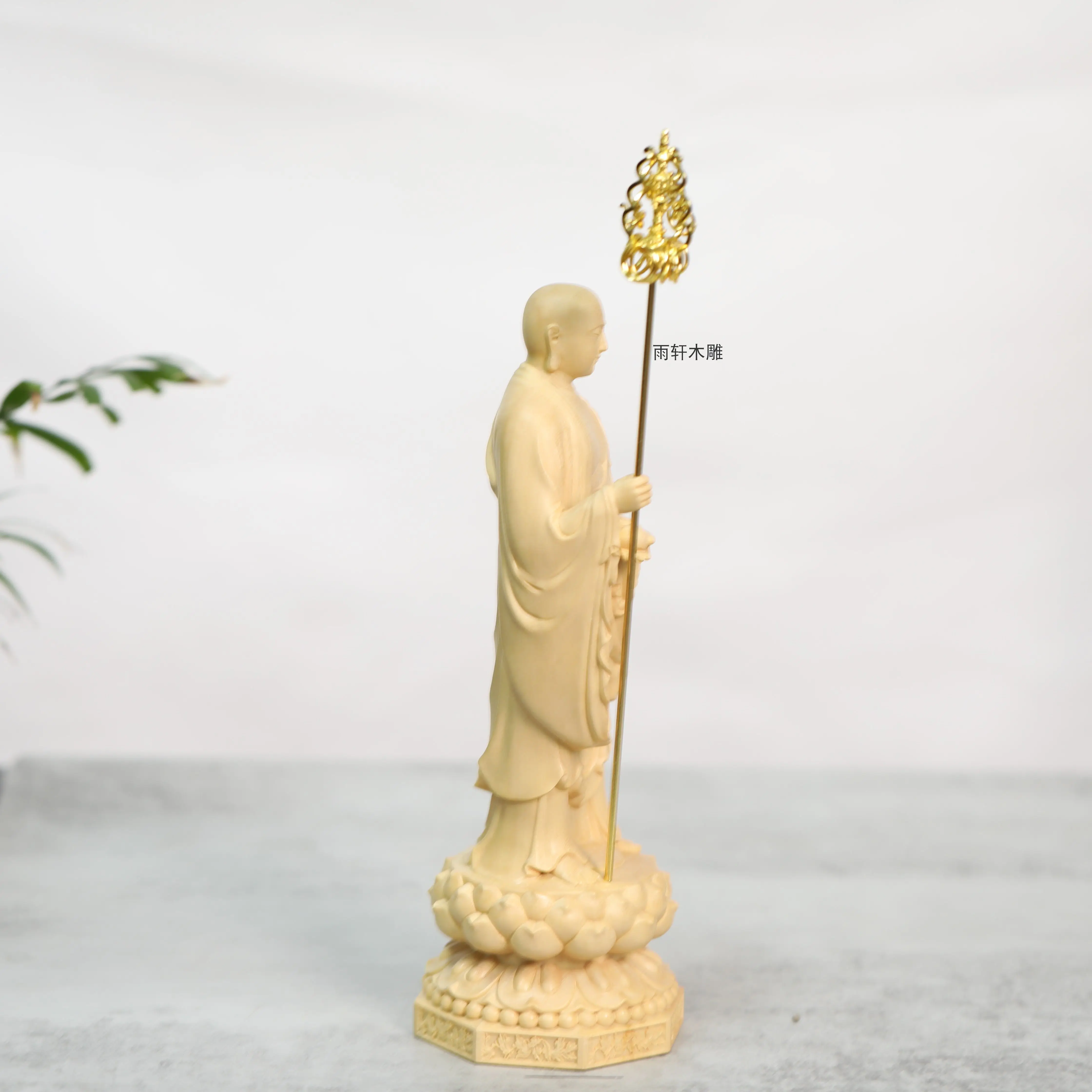 Hand Carved Cypress Ksitigarbha Small Figurine Standing Statue for Entryway Cabinets and Housewarming Gifts