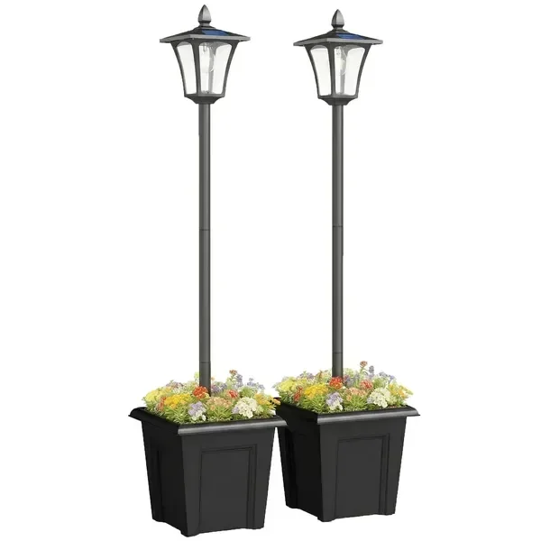 

63' Solar Lamp Post Lights 2 Pack, Waterproof LED Solar Light Posts with Planter, Black