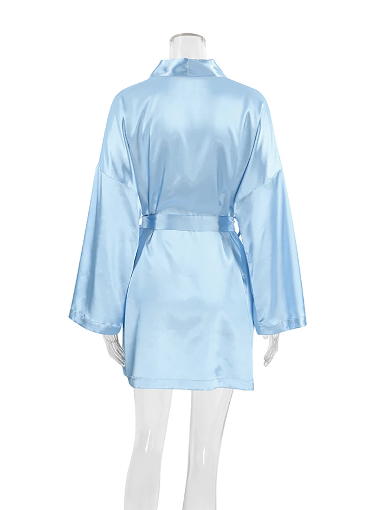 HiLoc Sexy Blue Robes Women Pajama Splicing Women\'S Dressing Gown Mini Sexy Bathrobes With Belt V-Neck Satin Pajamas 2024 Dress