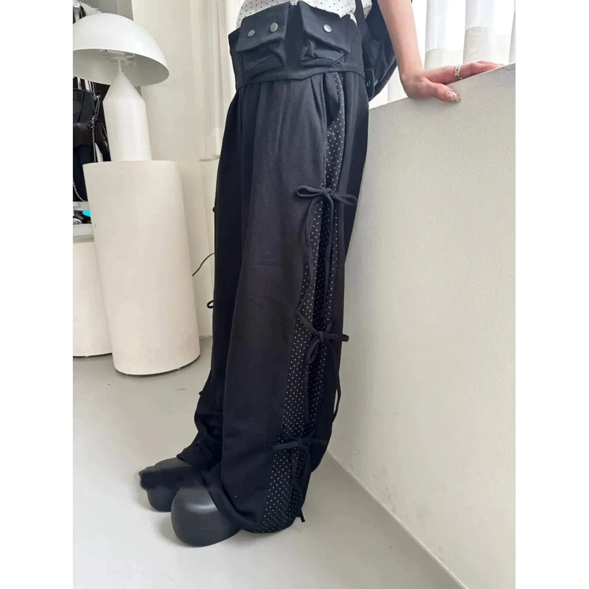 College Style Color Block Polka Dot Print Casual Pants Long Trousers Belted Women's Sweatpants Comfortable Elastic Waist
