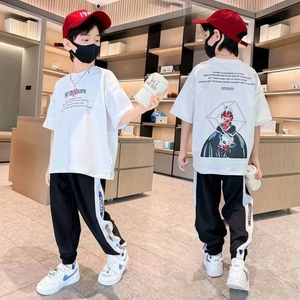 

Summer Children Boy Clothes Set Fashion Cartoon Printed Short Sleeve T-shirts and Shorts 2 Pieces Suit Teenage Top Bottom Outfit