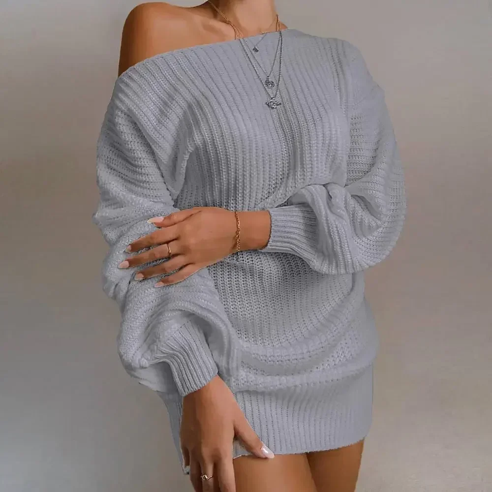 Womens Dresses Spring Fashion Cold Shoulder Lantern Sleeve Casual Plain Long Sleeve Daily Mini Knit Sweater Dress Woman Clothing