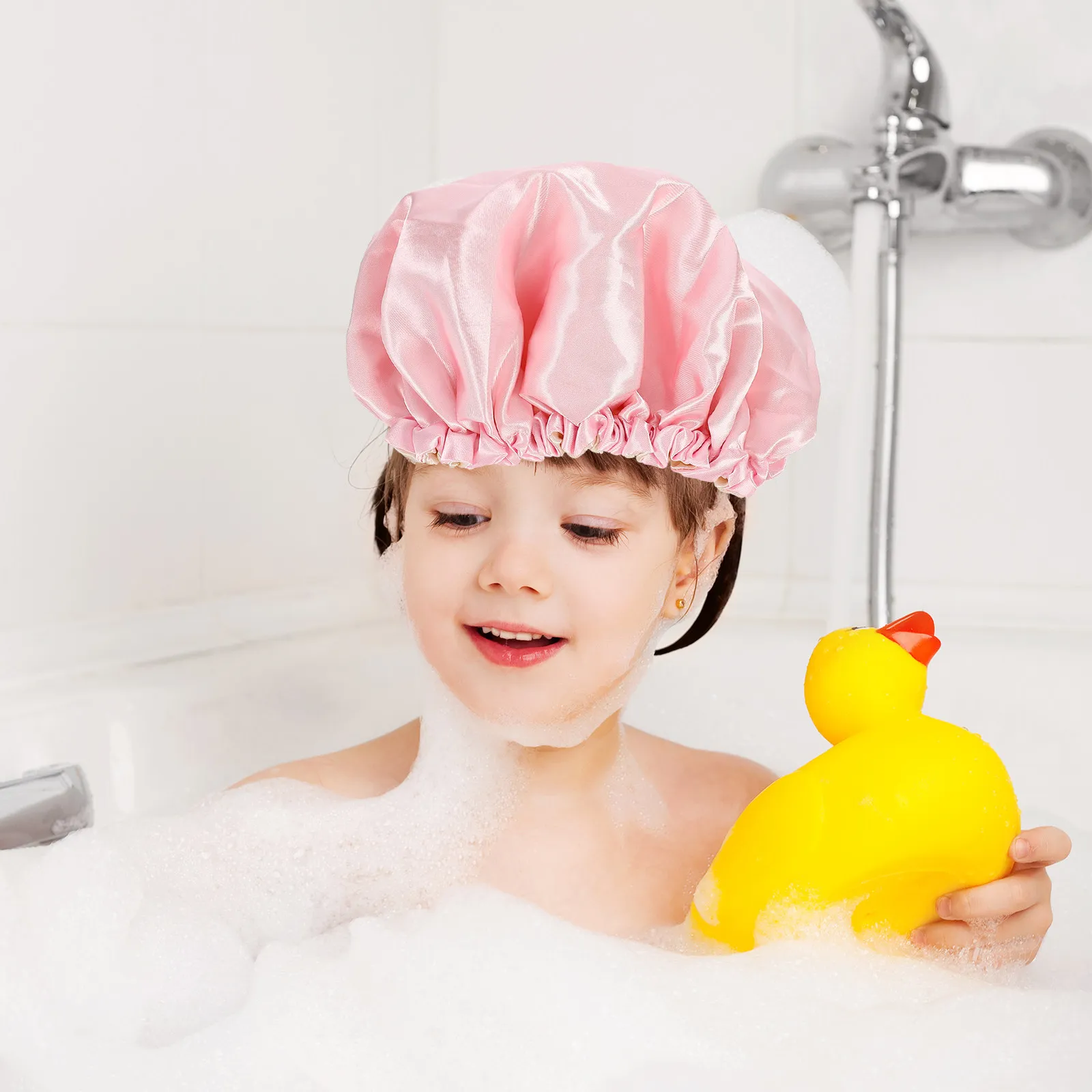 

Satin Sleeping Cap Double Layer Kids Adjustable Elastic Hair Bonnet For Night Sleep Wash Face Shower Use Pink