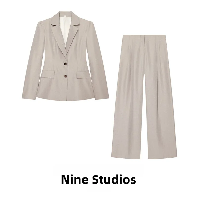 Conjunto de Dos Piezas para Mujer NINE ZAR, Chaqueta de Traje Plisada de Fibra Mixta, Pantalones de Pierna Recta, Cintura Alt...