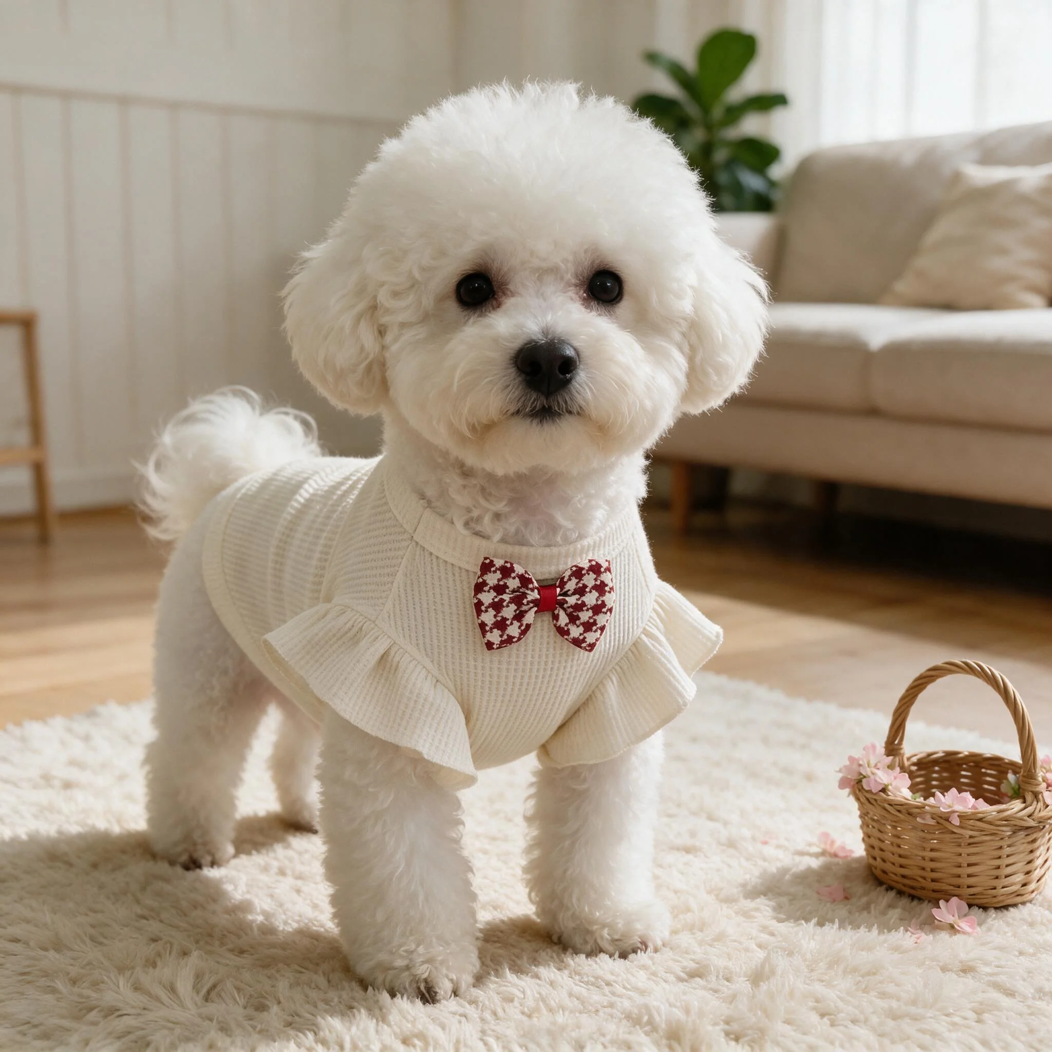 Waffelstrick-Hundeshirt mit Blumenschleife und Rüschen, Kurzarm, geeignet für kleine bis mittelgroße und große Hunde, geeignet für Bichon. – Detail 2