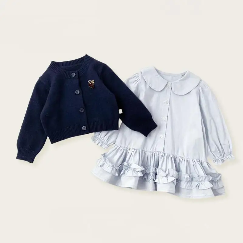 2024 Girls Autumn New Love Long Sleeves Knitted Cardigan Solid Color Children Doll Collar Dresses Two Piece Set Casual Clothing