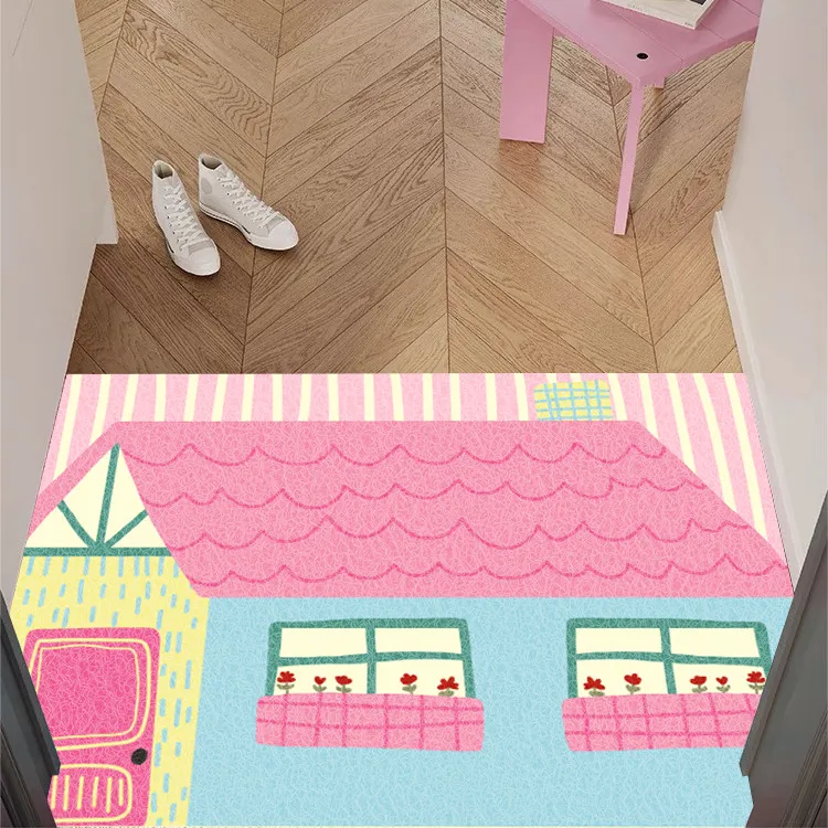 Cute Cartoon Colorful House Print PVC Coil Doormat Anti‑Slip Dirt Trapping Welcome Mat Indoor Outdoor Home Entrance Decor Rug